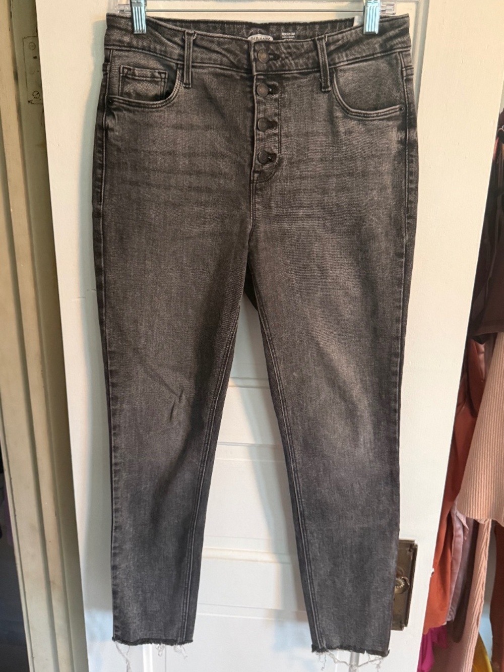 Old Navy Rockstar High Rise Super Skinny Gray Button Fly Raw Hem Jeans 8